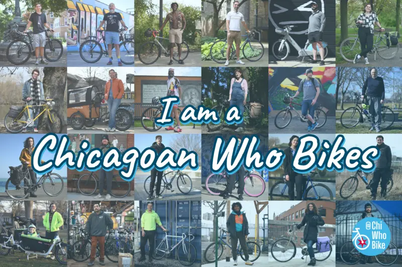 Front of the I Am A Chicagoan Who Bikes postcard, showing a photo collage of Chicago cyclists